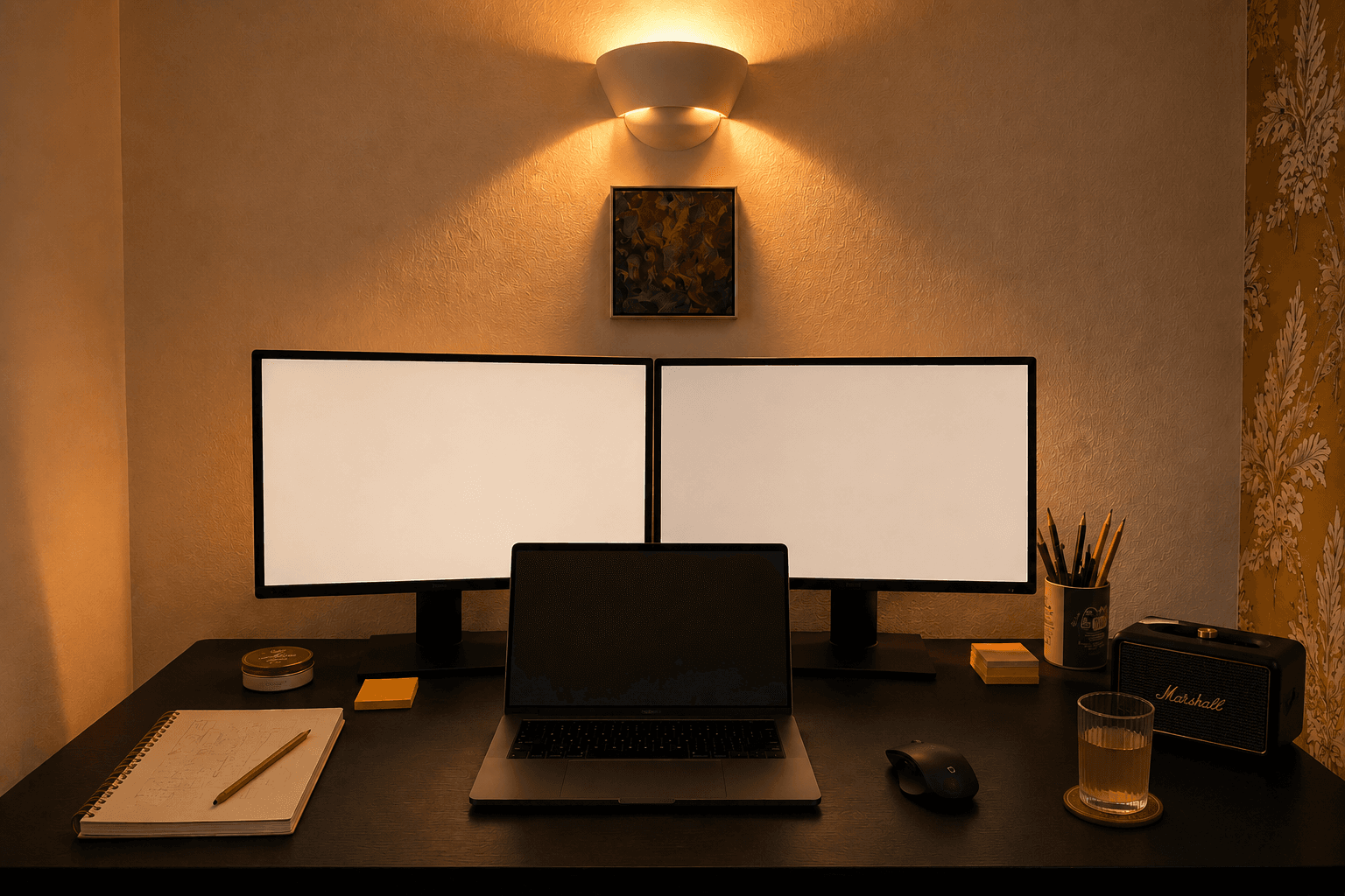 A warm home-office workbench with two monitors, a laptop, notebook and desk objects.